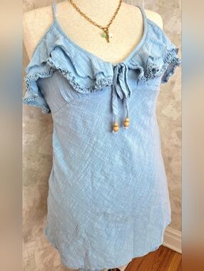 Free People Gauze Ruffle Tie Top Blue Boho Beach Cover Up Large
